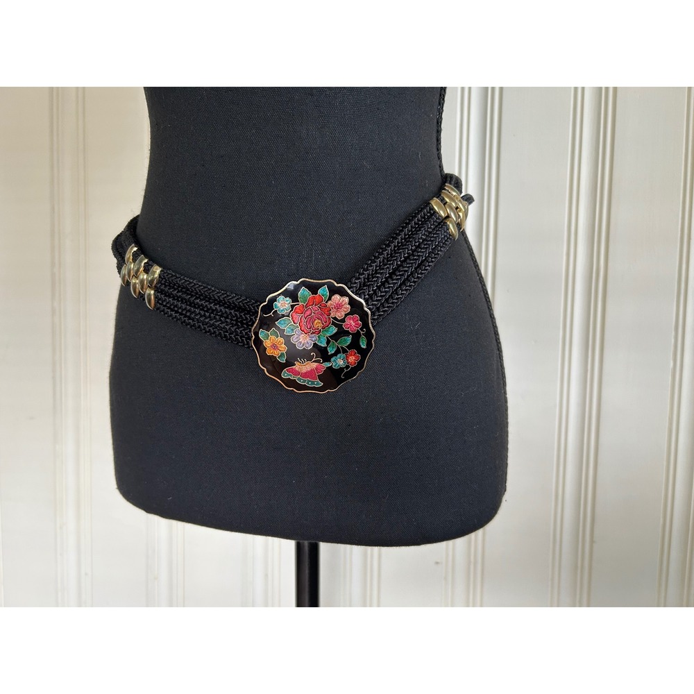 Vintage Cloisonne Enamel Floral Butterfly Black Stretch Statement Belt